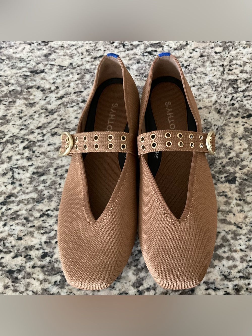 Rothy's Tan Knit Mary Jane Flats with Gold Eyelet Strap
